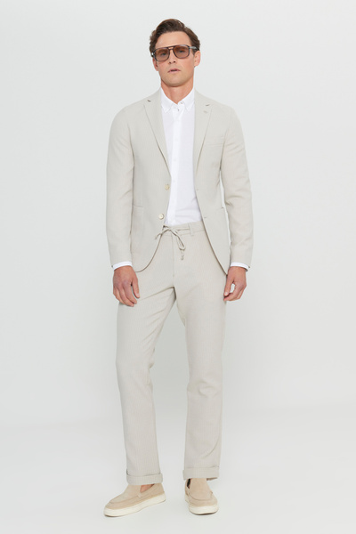 ALTINYILDIZ CLASSICS Men's Beige Slim Fit Slim Fit Mono Collar Striped Seersucker Patterned Flexible Suit with Pocket Pockets