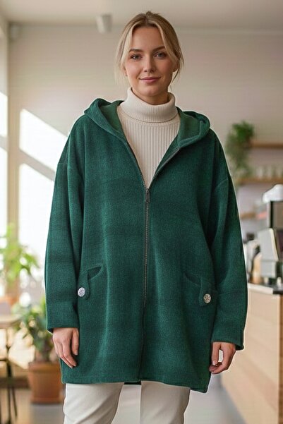 Chiccy Italian Green K Hooded Casual Velvet O Oversized Woven Jacket with Long Sleeves and Zipper Pockets 0 0