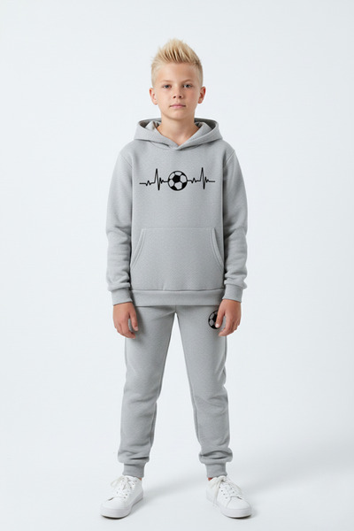 YA KO KİDS 3 İplik Ş Fleece-Lined Kangaroo Pocket Football Print Detailed K Hooded Boys' Tracksuit Set