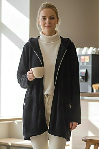 Chiccy Italian Black K Hooded Long Sleeve Casual Velvet O Oversized Woven Jacket with Zipper Pockets 0 0