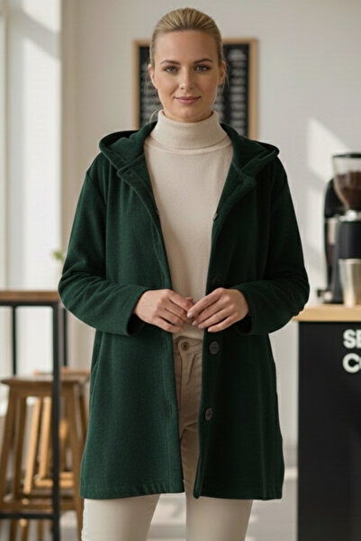 Chiccy Green Hooded Long Sleeve Button Pocket Casual Velvet Oversized Woven Jacket 80 70