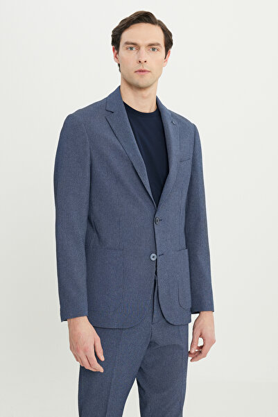 ALTINYILDIZ CLASSICS Men's Navy Blue Extra Slim Fit Slim Fit Mono Collar Striped Seersucker Patterned Suit with Flap Pockets