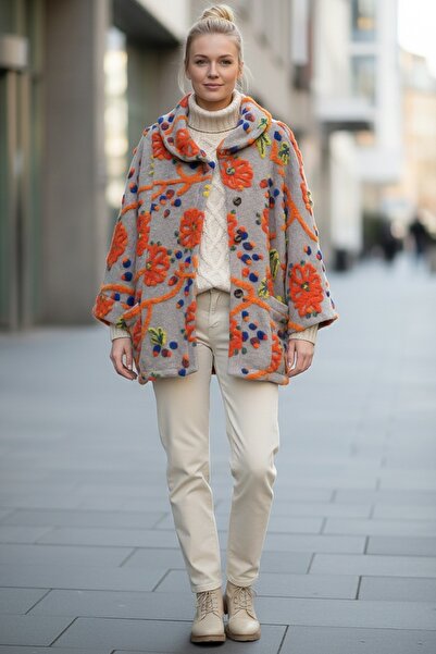 Chiccy Ιταλικό μπεζ μακρυμάνικο μπουφάν με μοτίβο με κουμπιά και τσέπες casual από ύφασμα τσόχα O oversized υφαντό μπουφάν 80 80