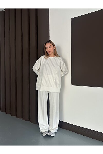 orjinal blue b Γυναικεία μοντέρνα μπλούζα παντελόνι με ριγέ πέτρα στο κάτω μέρος Τάση