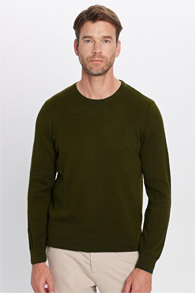 Tudors Men's Standard Fit Regular Cut Crew Neck Honeycomb Patterned Khaki Knitwear Sweater