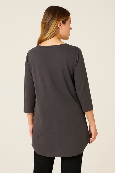 Şans Women's Plus Size Smoked, Organic Cotton, V-Neck Lace Detail, 3/4 Sleeve Blouse 65N39264