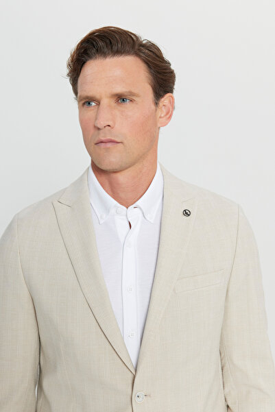 ALTINYILDIZ CLASSICS Men's Beige Wool Slim Fit Slim Fit Swallow Collar Plaid Seersucker Patterned Suit with Flap Pockets