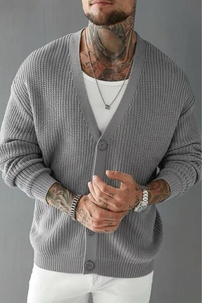 Oksit Grov Buttoned V-Neck Thick Men's Cardigan