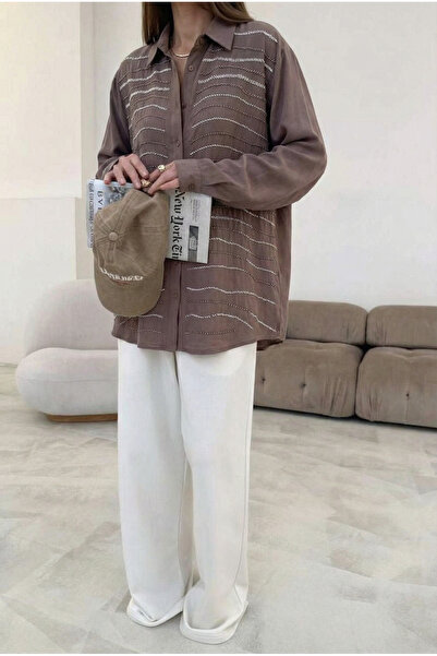 FEMELLE Καφέ πουκάμισο oversized με χάντρες (Ταιριάζει έως και μέγεθος 48)