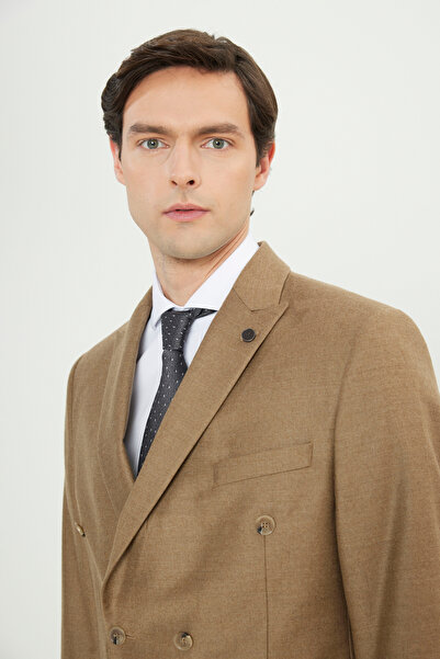 ALTINYILDIZ CLASSICS Men's Camel Wool Slim Fit Slim Fit Swallow Collar Flap Pocket Double-Breasted Piece Suit