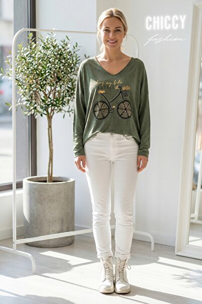 Chiccy Italian Khaki V-Neck Long Sleeve B Printed Casual Acrylic O Oversized Knitwear Blouse 68 70