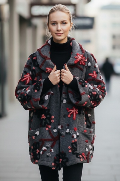 Chiccy Italian Anthracite Long Sleeve Patterned Buttoned Pocketed Casual Felt Fabric O Oversized Woven Jacket 80 80