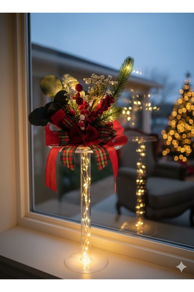 Devremarkt Işıklı Yılbaşı Dekorasyonu Şamdan | Ekose Kurdeleli Noel Masa Süsü...