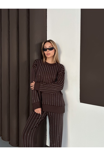 orjinal blue b Women's Modal Blouse Pants Striped Stone Bottom Top Set Trend