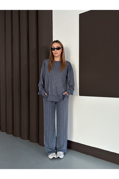 orjinal blue b Γυναικεία μοντέρνα μπλούζα παντελόνι με ριγέ πέτρα στο κάτω μέρος Τάση