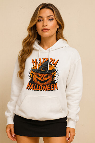 ocke هودي نسائي أبيض اللون لعيد الهالوين السعيد مطبوع بغطاء رأس