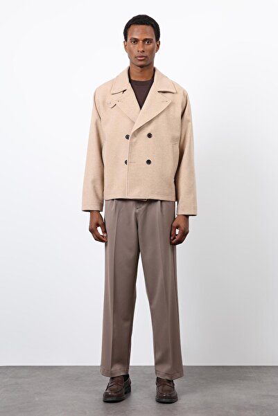 Antioch Beige Double-Breasted Closure Short Men's Coat
