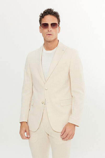 ALTINYILDIZ CLASSICS Men's Beige Slim Fit Slim Fit Swallow Collar Flap Pocket Striped Stretch Suit