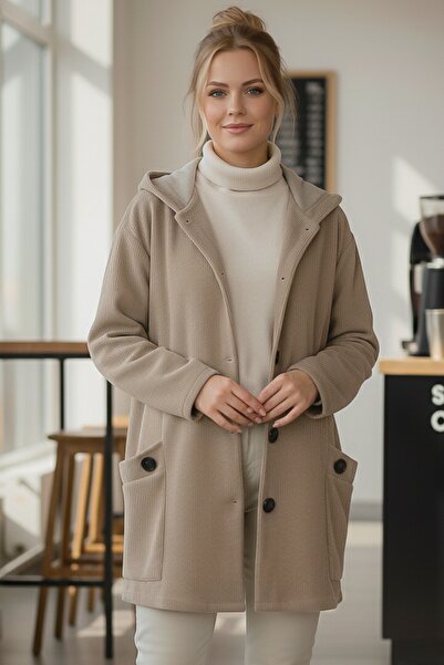 Chiccy Italian Beige K Hooded Long Sleeve Buttoned Pocket Casual Velvet O Oversized Woven Jacket 80 70