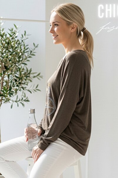 Chiccy Italian Brown V-Neck Long Sleeve B Printed Casual Acrylic O Oversized Knitwear Blouse 68 70