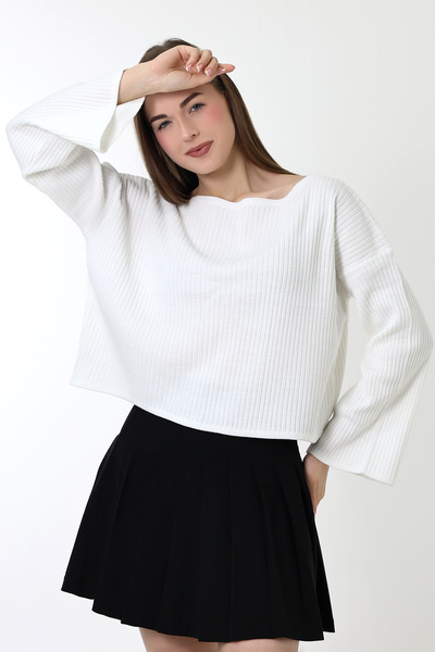 Devinka Γυναικεία λευκή ισπανική μπλούζα με φαρδύ γιακά casual πλεκτό