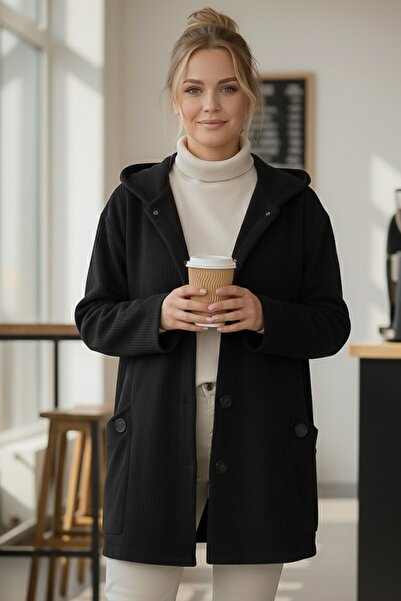 Chiccy Italian Black K Hooded Long Sleeve Buttoned Pocket Casual Velvet O Oversized Woven Jacket 80 70