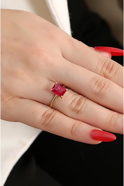 LİNOVE JEWELLERY 925 Ayar Gümüş Kırmızı Taşlı Tektaş Yüzük, Gümüş Baget Yüzük...