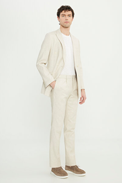 ALTINYILDIZ CLASSICS Men's Beige Linen Slim Fit Slim Fit Swallow Collar Patterned Bag Pocket Double-Breasted Suit