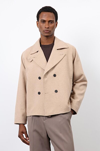Antioch Beige Double-Breasted Closure Short Men's Coat