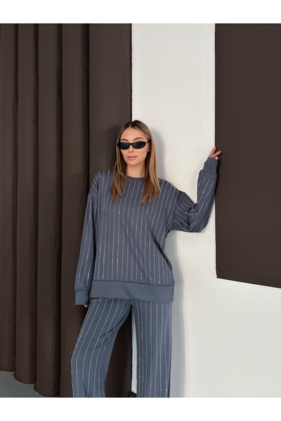 orjinal blue b Γυναικεία μοντέρνα μπλούζα παντελόνι με ριγέ πέτρα στο κάτω μέρος Τάση