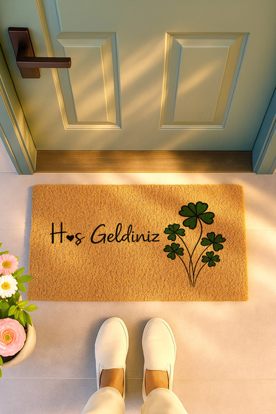 Sepetorium Hoş Geldiniz Yazılı Yonca Desenli Coco Kapı Önü Paspası Kaydırmaz Tabanlı