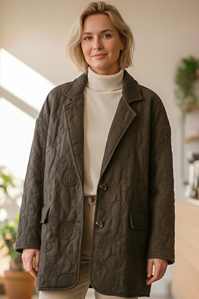 Chiccy Italian Brown Jacket Lapel Long Sleeve Buttoned Allover Embroidered Quilted O Oversized Woven Jacket 78 70