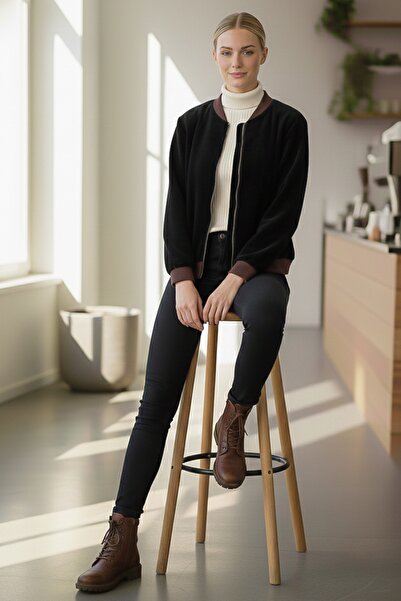 Chiccy Italian Black Bomber Collar Cuffed Sleeves Zippered Without Pockets Without Lining Velvet Woven Bomber Jacket 68 65