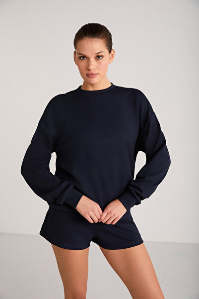 ETHIQUET Mai̇si̇e Women's Scuba Fabric Extremely Soft Round Neck Ov Oversized Dark Blue Sweatshirt