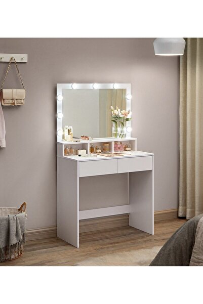 Selgot Masă de machiaj/toaletă cu 2 sertare și oglindă LED, albă, 80 x 40 x 140 cm