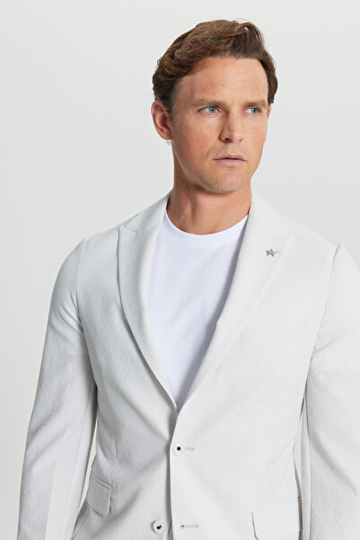 ALTINYILDIZ CLASSICS Men's Ecru Slim Fit Slim Fit Striped Seersucker Patterned Flexible Suit with Flap Pockets