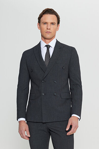 ALTINYILDIZ CLASSICS Men's Anthracite Slim Fit Slim Fit Swallow Collar Patterned Flexible Double-Breasted Suit with Flap Pocket