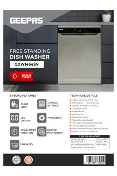 Geepas Free Standing Dishwasher GDW1464SV - 13 Place Settings, 7 Programs, Stainless Steel Tub