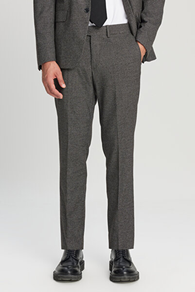 ALTINYILDIZ CLASSICS Men's Brown-Grey Slim Fit Slim Fit Mono Collar Houndstooth Patterned Flexible Suit with Flap Pockets