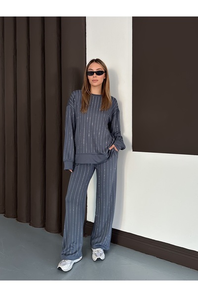 orjinal blue b Γυναικεία μοντέρνα μπλούζα παντελόνι με ριγέ πέτρα στο κάτω μέρος Τάση