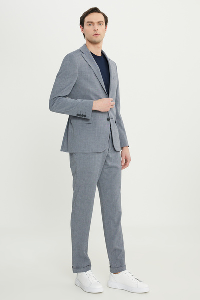 ALTINYILDIZ CLASSICS Men's Gray Slim Fit Slim Fit Mono Collar Seersucker Patterned Flexible Suit with Flap Pockets