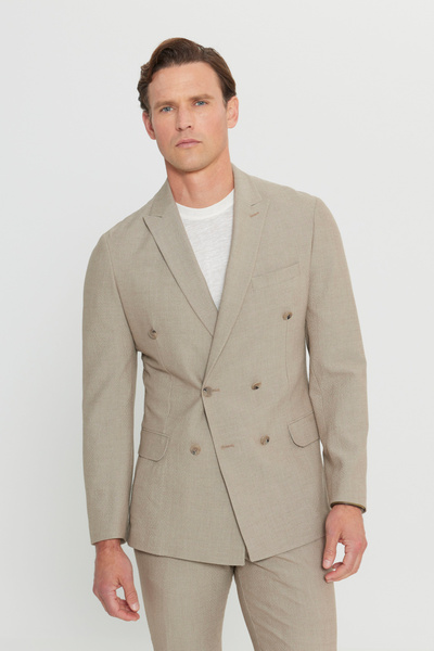 ALTINYILDIZ CLASSICS Men's Beige Slim Fit Slim Fit Swallow Collar Flexible Double-Breasted Suit with Pocket Bag