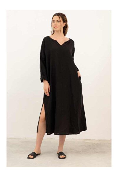 İpekçi Otantik Natural Uzun Kollu Keten Elbise