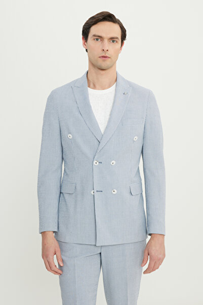 ALTINYILDIZ CLASSICS Men's Navy Blue-White Slim Fit Slim Fit Swallow Collar Striped Seersucker Pattern Double-Breasted Suit