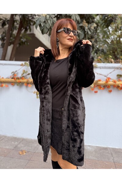 DenizEge Women's Long Faux Fur Coat Black