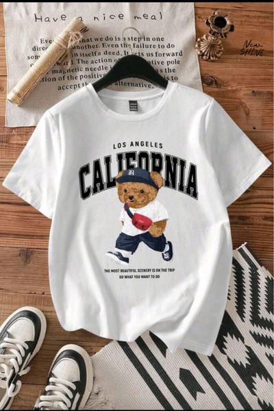 New Shine تي شيرت لوس أنجلوس كاليفورنيا بير مطبوع قصة فضفاضة