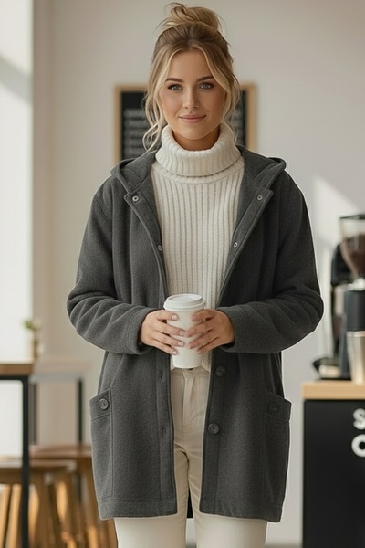 Chiccy Italian Anthracite K Hooded Long Sleeve Buttoned Pocket Casual Velvet O Oversized Woven Jacket 80 70