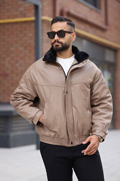 Kawimoda New Season Oversized Fur Collar Men's Leather Coat