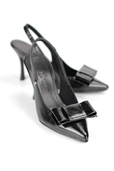 Gökhan Talay نعل نيفيل مرن وناعم ومضاد للانزلاق (8 سم) من الجلد الأسود اللامع مع فيونكة زاوية مرنة مفتوحة للنساء بكعب عالٍ