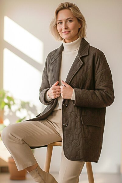 Chiccy Italian Brown Jacket Lapel Long Sleeve Buttoned Allover Embroidered Quilted O Oversized Woven Jacket 78 70